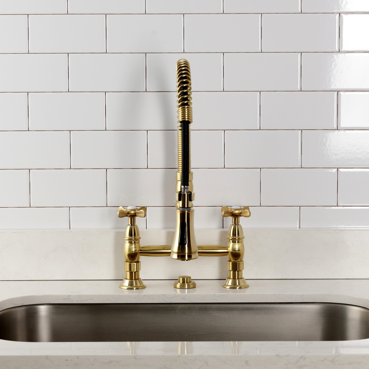 Kingston Tulare GS1277BEX - Essex Double-Handle 2-Hole Deck-Mount Pre-Rinse Bridge Kitchen Faucet, Brushed Brass — thumbnail 3